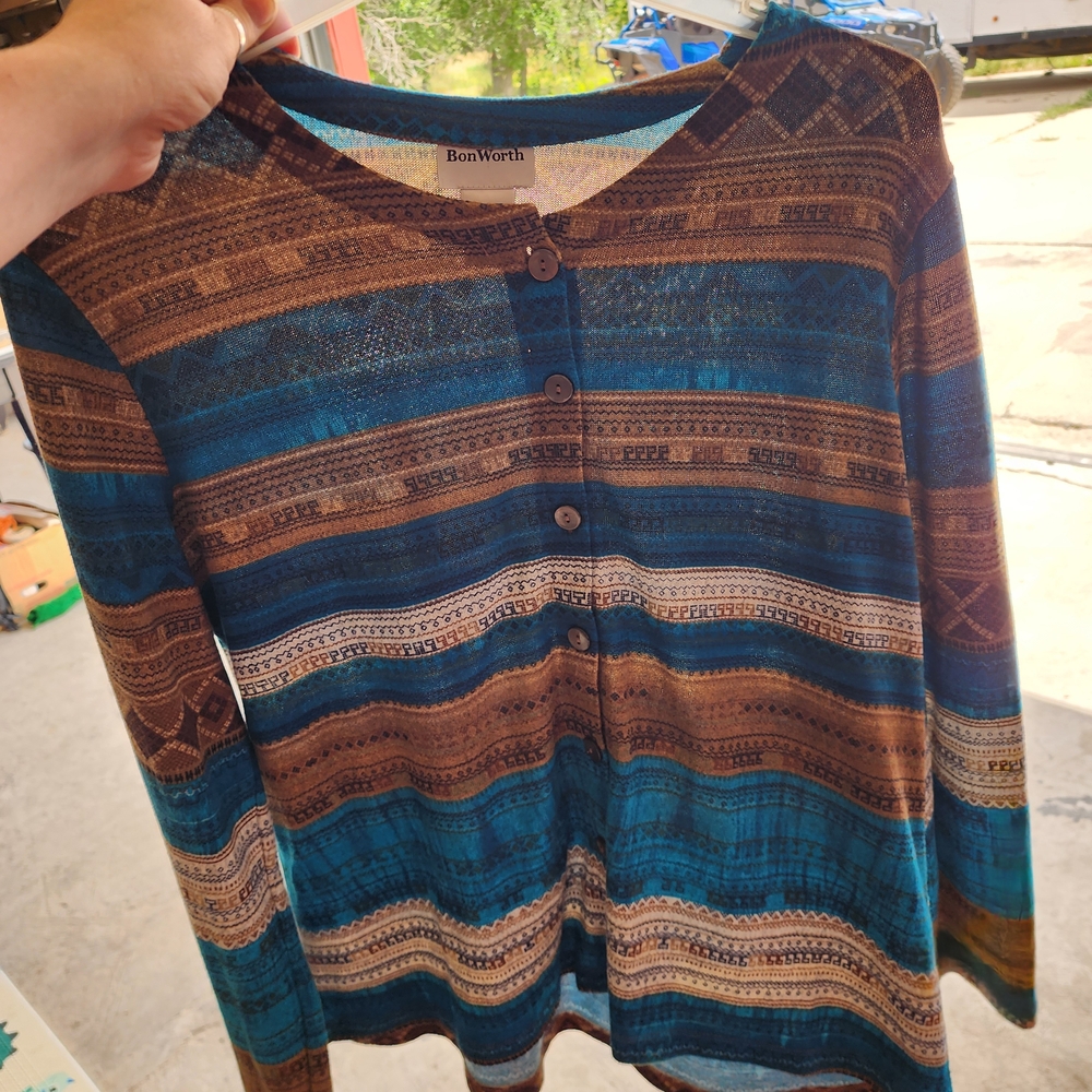 BonWorth Women's Blue and Brown Patterned Cardigan
